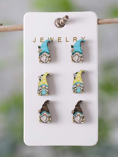 3 Pairs Vintage Flower, Ice Cream, Watermelon, Pineapple, Gnome Wooden Stud Earrings Set, Women Fashion Holiday Earrings, Daily Accessories, Gift