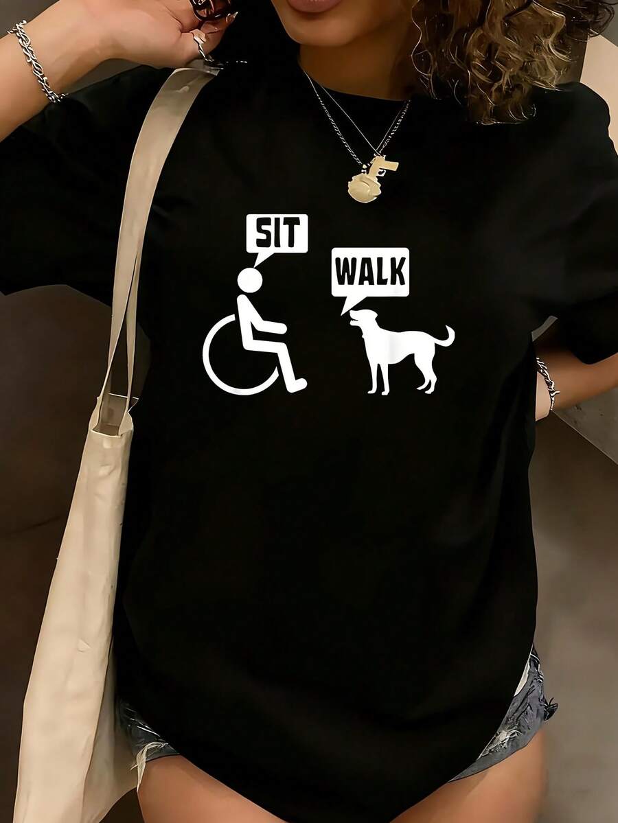 Funny Wheelchair Humor T-Shirt For & - Sit Sit Walk Wheelchair Design 1 Pcs Women's Plus Size T-Shirt Funny Oversized Graphic Short Sleeve Tee Novelty 100% Polyester 220g Shirt Casual Crew Neck Top - 黑色 - 查看 1