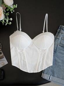 Lace Polka Dot Camisole Top With Fishbone Design, Sleeveless, Padded, Sexy & Slimming, Suitable For Spring/Summer - White - View 2