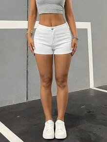 Shorts vaqueros cortos para mujer, estilo de pierna recta con estiramiento medio, con bolsillos, cremallera y detalles de botones para un aspecto ajustado y sexy - Blanco - Ver 1