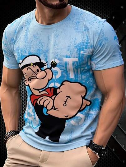 男士浅蓝色3D印花T恤 - 休闲舒适的涤纶面料，耐穿柔软，时尚卡通设计，适合休闲穿着、餐厅制服和日常穿着。
