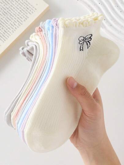 5 pares de calcetines tipo barco para mujer, calcetines tipo barco con lazo de color caramelo, aptos para todas las estaciones, colores aleatorios