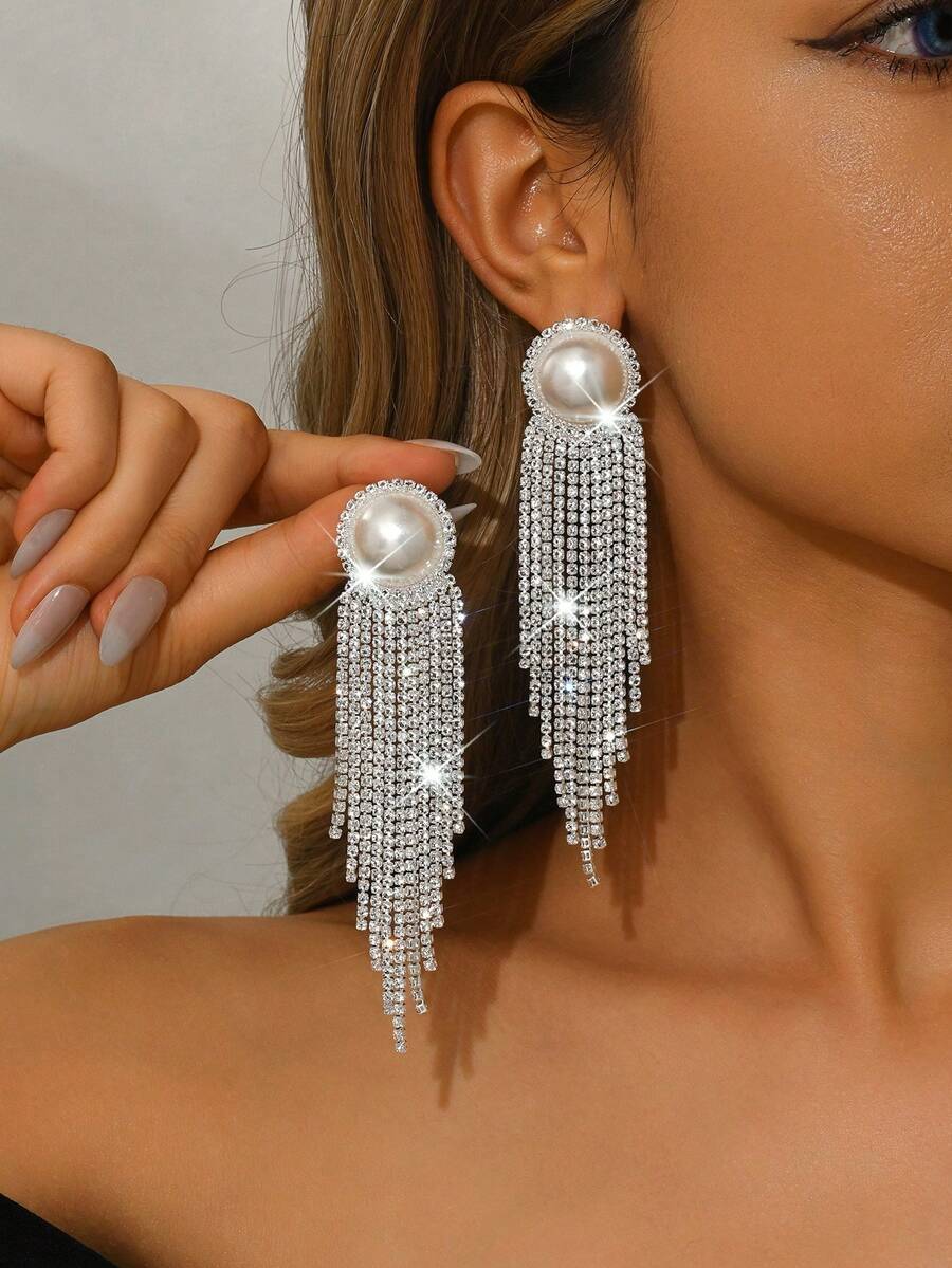 Luxury Bridal Silver Crystal Faux Pearl Tassel Earrings, Long Crystal Pendant Drop Earrings Suitable For Wedding, Bridesmaid, Wedding Guest, Party, Prom - 1697 Earrings - View 1