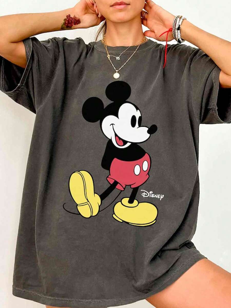 Disney UNIHLO  Mickey   Printed Summer Heavyweight Retro Washed Street Fashion Casual T-Shirt - 黑色 - 查看 1