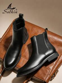 Salkin Vintage Designer Men's Chelsea Boots, Slip-On Style, Pointed Toe Design, Luxury Mid-Calf Ankle Boots, Men's Soft Genuine Leather Boots, Gentleman Business Formal Shoes, Casual Office Party Shoes, Romantic Dinner Date Gift, Back To School Student Shoes, Collegiate Style, Suggest Sizing Up One Size - Black - View 3
