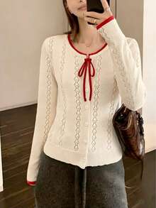 Women's Spring/Summer Korean Style Knit Cardigan | Lightweight Open Front Sweater With Color-Contrasting Drawstring Details, Soft & Comfortable Openwork Knit Fabric Creates A Relaxed, Sweet Style - Apricot - View 1