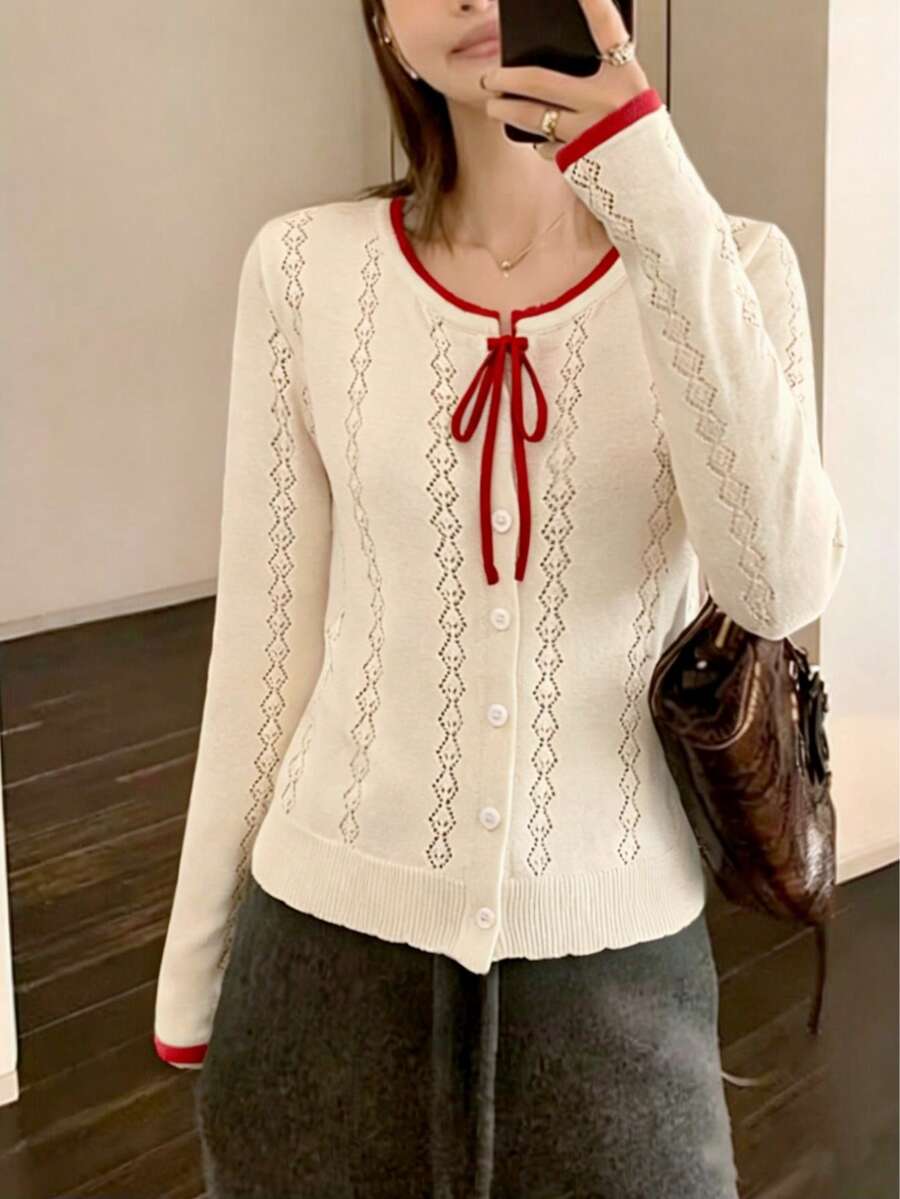 Women's Spring/Summer Korean Style Knit Cardigan | Lightweight Open Front Sweater With Color-Contrasting Drawstring Details, Soft & Comfortable Openwork Knit Fabric Creates A Relaxed, Sweet Style - Apricot - View 1