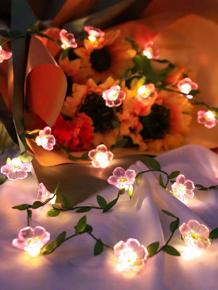 1m/2m Pink Sakura Flower String Lights, Pink Fairy Sakura Flower Vine LED Lights, Suitable For Bedroom, Window, Wall, Wedding, Birthday Party, Gift
