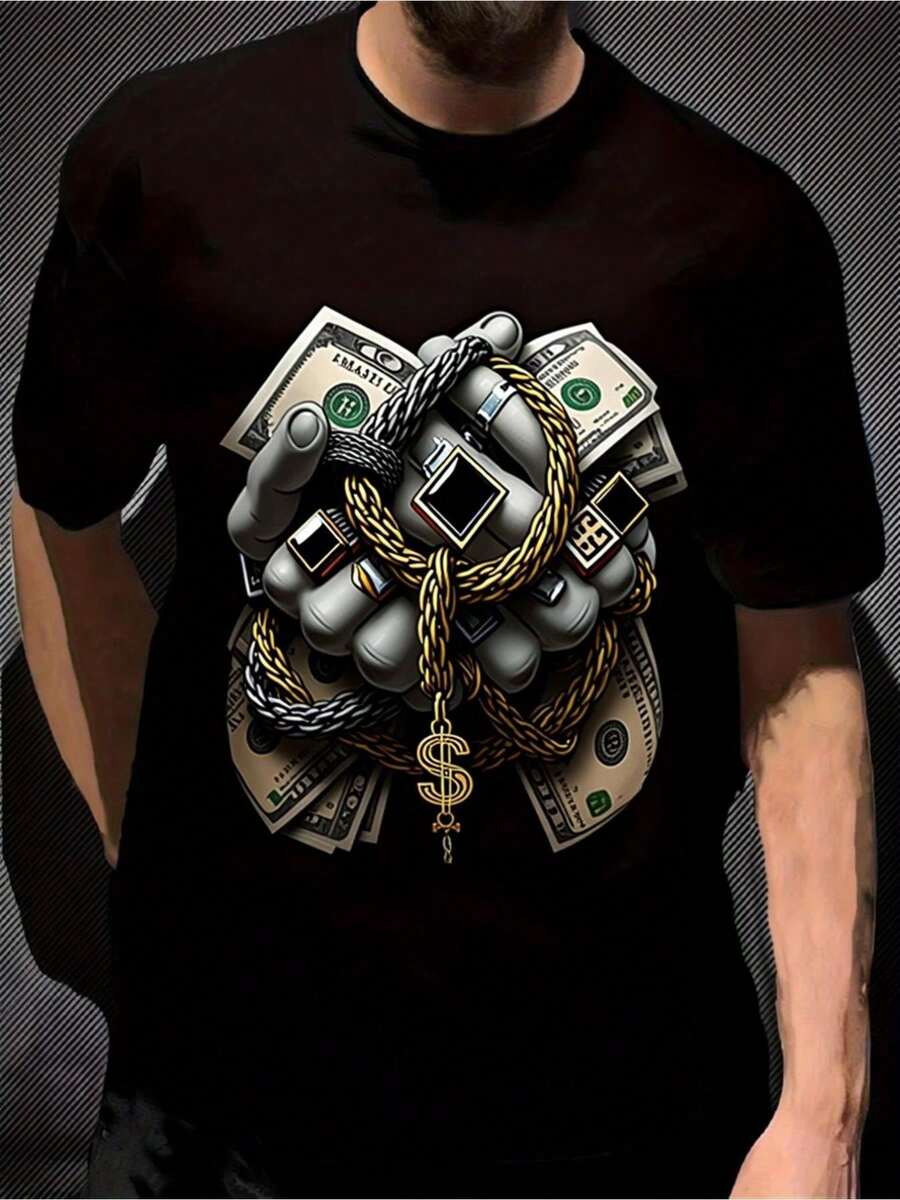 Camiseta Gráfica para Hombre con Estampado de Billetes de Dólar y Cadenas de Dinero - Estilo de Riqueza, Estampado de Moneda, Manga Corta, Cuello Redondo, Ropa Casual Urbana para Moda Urbana y Uso Cómodo en Todas las Temporadas - Negro - Ver 1