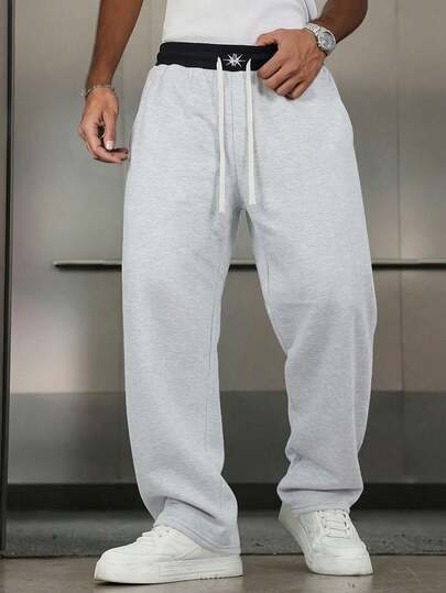 بنطلون رياضي رجالي فضفاض مريح بخصر مرن وساق واسعة، متعدد الاستخدامات بتصميم بسيط، مناسب لجميع المواسم، رمادي داكن