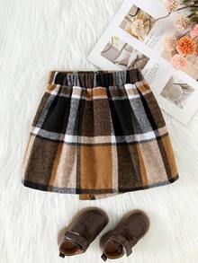 1pc Girls' Autumn/Winter Plaid Mini Skirt, A-Line Skirt, Slim Fit, Leg-Lengthening, Youthful Style, Fashionable, Suitable For Stage, Performance, Evening Party And Other Occasions, Easy To Match, Perfect Choice, Preppy Style, Sweet Style. Suitable For 4-7 Years Old Girls - Mocha Brown - View 2