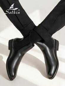 Salkin Vintage Designer Men's Chelsea Boots, Slip-On Style, Pointed Toe Design, Luxury Mid-Calf Ankle Boots, Men's Soft Genuine Leather Boots, Gentleman Business Formal Shoes, Casual Office Party Shoes, Romantic Dinner Date Gift, Back To School Student Shoes, Collegiate Style, Suggest Sizing Up One Size - Black - View 2