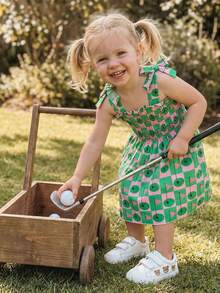 Vestido de golf para niña pequeña con lazos, sin mangas, fruncido, línea A, vestido de princesa de verano - Verde - Ver 3