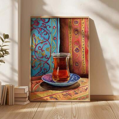 1pc, Canvas Wall Art, Framed Wall Decor, Turkish Tea Art Print, Middle Eastern Decor Poster, Watercolor Teacup Painting, Oriental Pattern Wall Art, Cozy Kitchen Or Cafe Decor, Vintage Turkish Coffee Poster, Rustic Kitchen Decor, Barista Gift, Traditional Coffee Illustration, Middle Eastern Home Decor