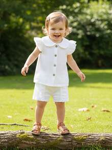 Baby Girls Shorts Set, Fly Sleeve Doll Collar Vest With Elastic Waist Shorts Summer Outfit - White - View 5