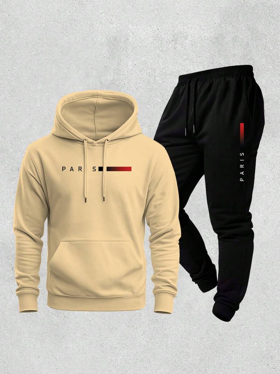 New Paris Print Warm Sweatshirt And Pants Set, Comfortable Autumn/Winter Loose Fit, Drawstring, Pockets, And Hood. - Beis - Ver 1