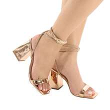 Sandália Metalizada com Detalhe em Strass Salto Bloco 9CM  Casual  Festa  elegante  Festa  Sexy  Casamento  Negócios  básico  Elegante  Neutro    Fivela  Strass    Casamento  Festa  Escritório  Casa  Ar livre - Metalizado Rose - Visão 3