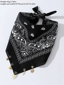 1 chiếc khăn choàng nữ kiểu phương Tây họa tiết denim - Khăn choàng/khăn bandana đa năng với mặt dây chuyền hình trái tim, cá, rùa, mặt trời, được làm từ polyester, phù hợp với trang phục thời trang hàng ngày. - màu đen - Xem 4