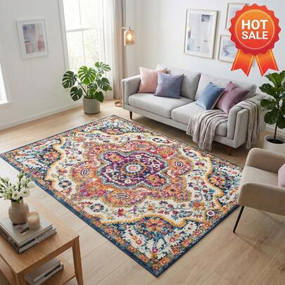 1pc Vintage Persian Turkish Style Velvet Area Rug With Floral Medallion Pattern, Cream & Multi-Color Distressed Carpet For Living Room Bedroom, Non-Slip Washable Floor Mat Bathroom Decor