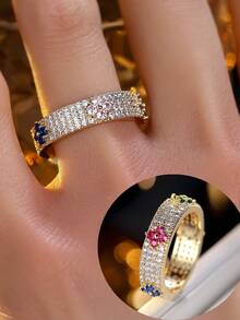 1pc Micro-Inlaid Zirconia Colorful Flower Ring, Versatile Elegant Finger Ring For Women - Ring - View 3