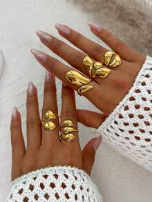 5pcs/Set Luxurious Geometric Exaggerated Water Drop Stacked Charm Metal Jewelry Ring Set, Fashionable & Elegant For Wedding, Party, Vacation, Daily Casual, Street Snap, Women & Couples Gift, Holiday Birthday - Ring - View 10