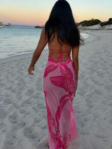 女士春夏流行粉色网纱单层透明百合花印花性感优雅深V领无袖连衣裙，饰以金色花朵，侧开衩腰带，两件套（不含文胸），适合海滩、度假、日常穿着、约会、朋友聚会等场合。 - 粉色 - 查看 6