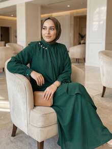 Fashion Retro Solid Green Traditional Arabic Loose Robe Dress, Modest Spring - Green - View 2