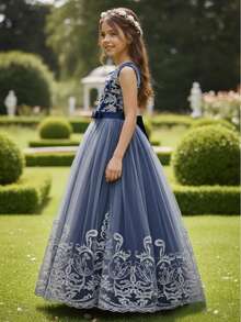Vestido de niña preadolescente de alta gama con bordado de lentejuelas sin mangas para niña de las flores en boda, vestido de princesa esponjoso para fiesta de cumpleaños y boda - Azul Marino - Ver 3