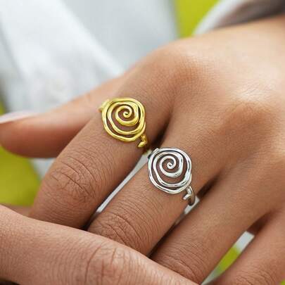 2pcs/1pc Simple Spiral Swirl Stainless Steel Open Ring, Round Spiral 18K Gold Plated Stylish Adjustable Ring, Handmade, 304 Stainless Steel Ring Fittings, Elegant And High-End, Suitable For Holiday Gifts