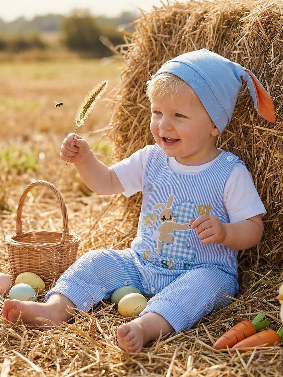Conjunto de 3 piezas para bebé niño, primer atuendo de Pascua, mono liso de manga corta, pantalones a rayas/cuadros y gorro con orejas de conejo, primavera - Blanco - Ver 1