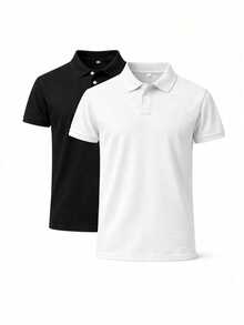 Kit Of 2 Men's Slim-Fit Polo Shirts, Comfortable, All Regular Fit, Double Button. - 黑與白 - 查看 1