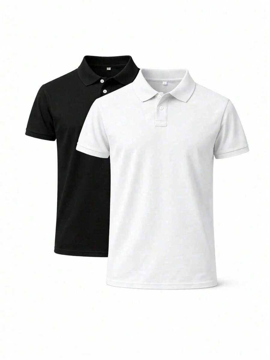 Kit Of 2 Men's Slim-Fit Polo Shirts, Comfortable, All Regular Fit, Double Button. - 黑與白 - 查看 1