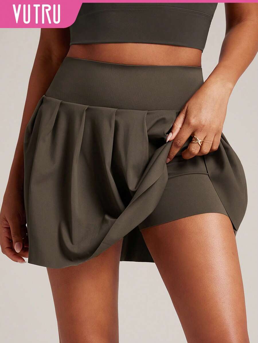 VUTRU Falda deportiva de cintura alta anti-exposición, falda plisada de tenis/golf para el verano - Café integral - Ver 1