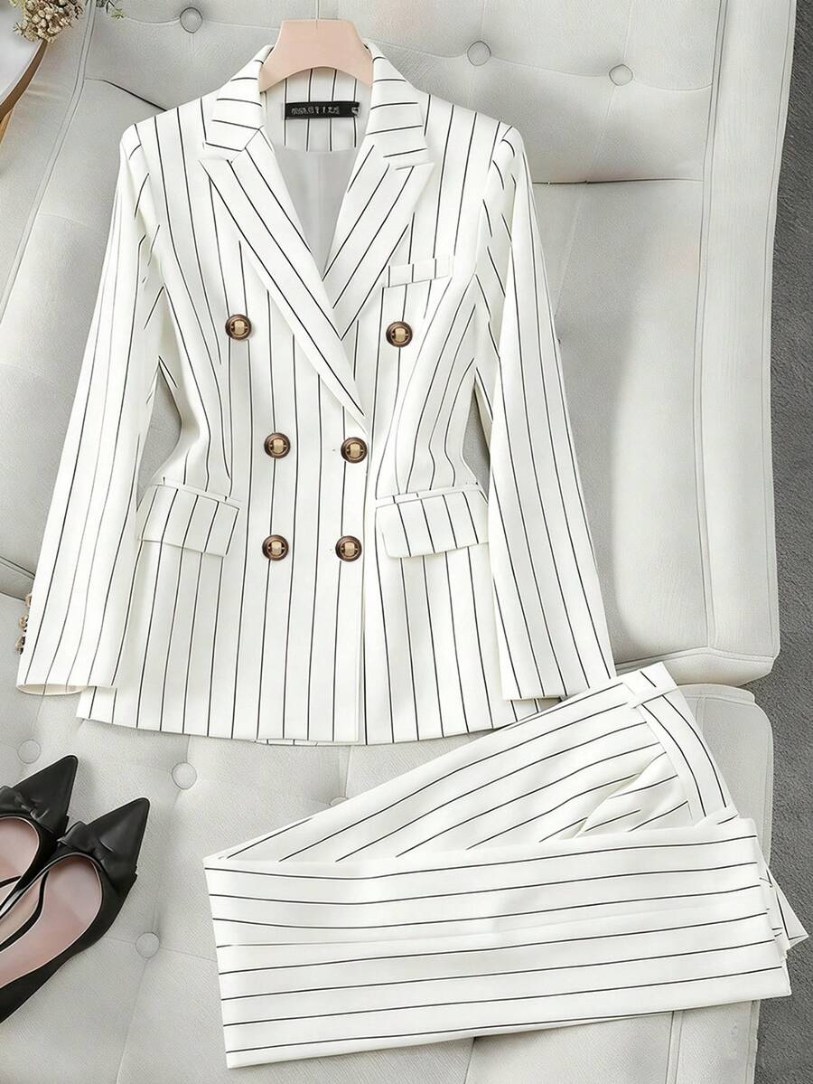 HOMEYEE Striped Suit Set, Double-Breasted Casual Business Suit Jacket And Slim Fit Pants, Versatile Style Suitable For Various Occasions, Business And Vacation - 白色 - 查看 1