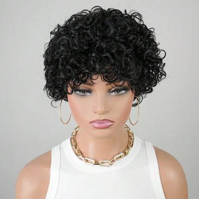 Women's Short Curly Human Hair Wig, Natural Wavy Style, Glueless Rose Net Cap, No Lace Deep Wave Wig With Bangs, Ideal For Mothers, Suitable For Daily Wear