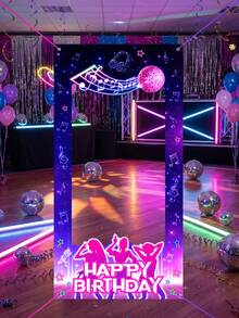 1件装音乐主题生日相框，女生团体生日派对拍照道具，带发光球、星星、麦克风设计，音乐派对拍照背景，乙烯基背景，舞会派对装饰配件，生日快乐装饰，生日礼物，节日派对用品 - 彩色 - 查看 9