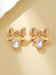 1对经典优雅水钻蝴蝶结时尚休闲百搭耳环，女士款 - 金色 - 查看 1