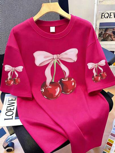 Plus Size Casual Minimalist Cherry Print T-Shirt Loose Fit Thick T-Shirt For Women,Suitable For Daily Wear, Going Out, Party, School, Attending Music Festivals, Vacation, Commuting. Can Be Given As A Gift To Family, Boyfriend,Girlfriend, Friends,Girls Winter Clothes,Essentials T-Shirt Summer