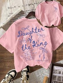 Women's "Daughter Of The King" Graphic T-Shirt, Biblical Aesthetic Faith Apparel, Crew Neck Short Sleeve Casual Tee With Printed Text On Back-L88 - 淺粉色 - 查看 1