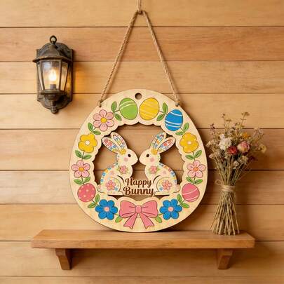 1pc 2D Printed Valentine's Day Rabbit Egg Wooden Hanging Sign, Easter Welcome Plaque Home Party Decoration