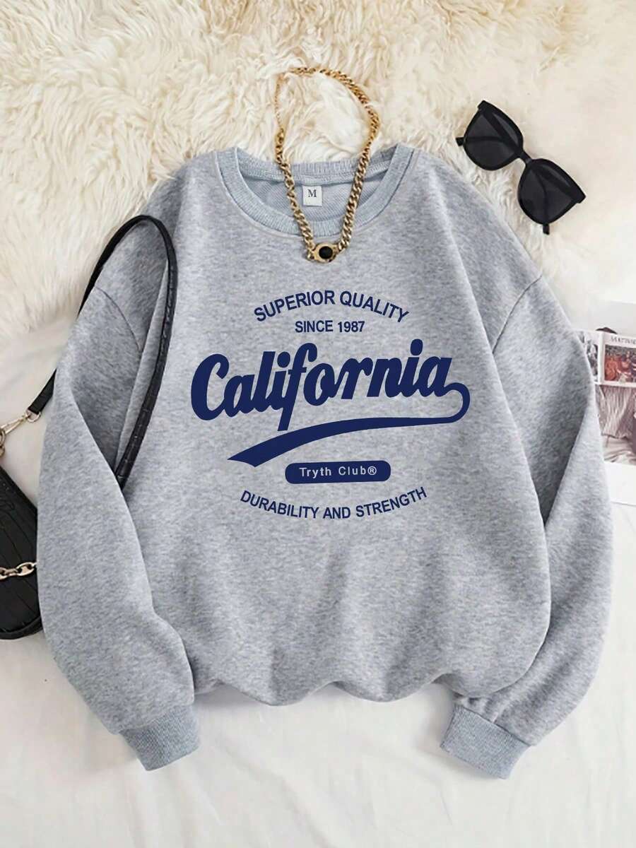 Light Gray Crew Neck Sweatshirt, Loose Fit, Casual, Long Sleeve, Printed, Suitable For Autumn/Winter, Women Top - Light Grey - View 1