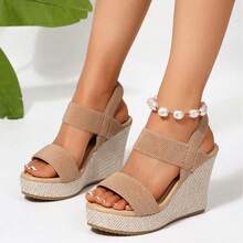 Women's Wedge Heel Platform Sandals, Plus Size, Cross-Border, Espadrille Waterproof Platform, Fashionable Slip-On High Heel Sandals With Chunky Sole - 卡其色 - 查看 2
