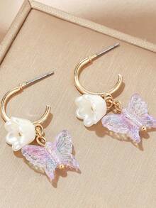 1 Pair Minimalist Cute Plastic Butterfly & Flower Pendant Earrings, Daily Wear For Girls - Violet Purple - View 6