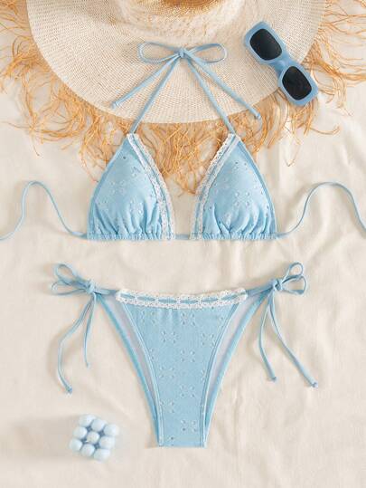 Elegant Women's Blue Halter Bikini Set, Decorated With Delicate Lace Trim, Backless Design, Side Tie Thong, High Elasticity Swimwear, Suitable For Summer Beach & Pool Vacation