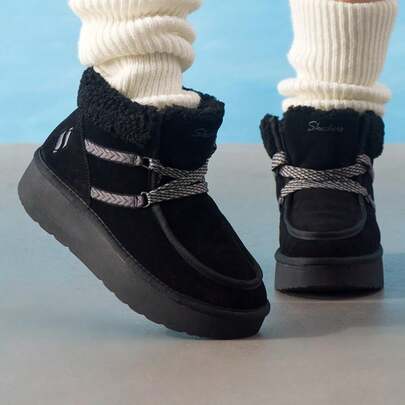 Skechers Zapatos casuales para mujer, Botas de invierno casuales KEEP COZY para damas, diseño de espiga de trigo + cordones, botas altas suaves y cómodas con forro polar, 169142-BBK