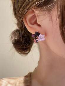 1 Pair Fashionable Retro Maple Leaf & Purple Stud Earrings, Elegant & Gentle Women's Earrings/Summer Jewelry/Holiday/Gift - Multicolor - View 1