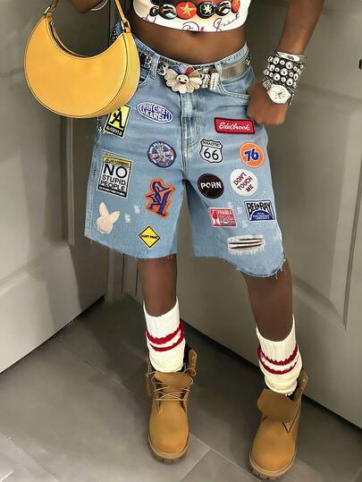 Y2K Streetwear Casual Retro Fashion Embroidered Denim Shorts, Summer Mid-Waist Washed Solid Color Denim Sexy Shorts