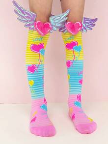 儿童过膝袜 1 双装 心形气球 3D 立体爱心翅膀趣味袜子 疯狂袜子 四季皆宜 派对情人节复活节日常穿着礼物 - 淺粉色 - 查看 3