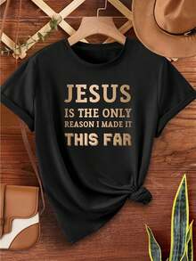 Women's Plus Size Short Sleeve T-Shirt, Jesus Letter Print, Casual Round Neck, Summer Fashion, Cotton Knit Fabric, Regular Fit, Black - Black - View 1