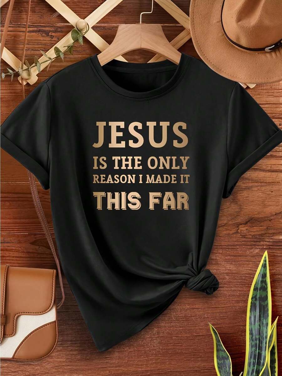 Women's Plus Size Short Sleeve T-Shirt, Jesus Letter Print, Casual Round Neck, Summer Fashion, Cotton Knit Fabric, Regular Fit, Black - Black - View 1